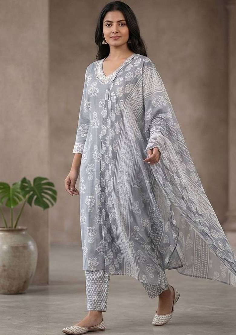 Grey Printed Cotton Kurta Set - Indya