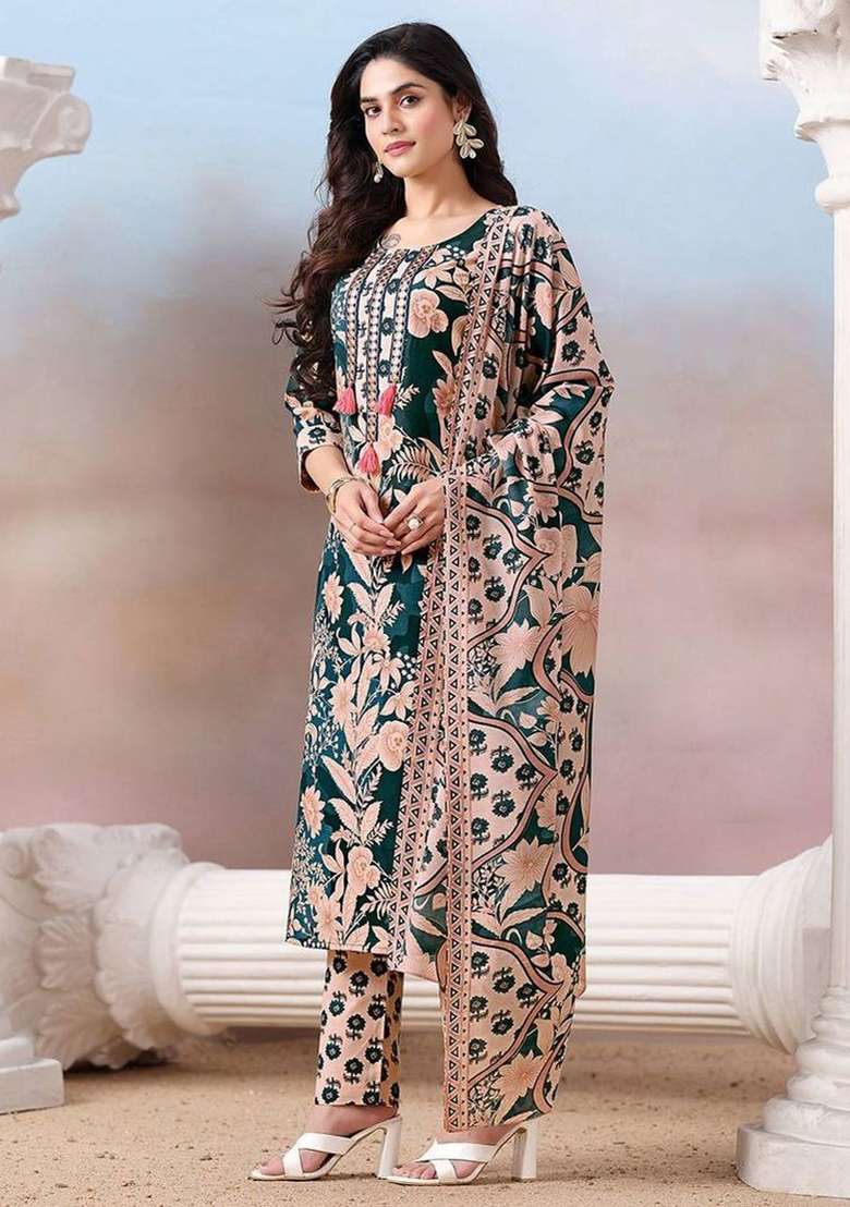 Green Printed Cotton Kurta Set - Indya