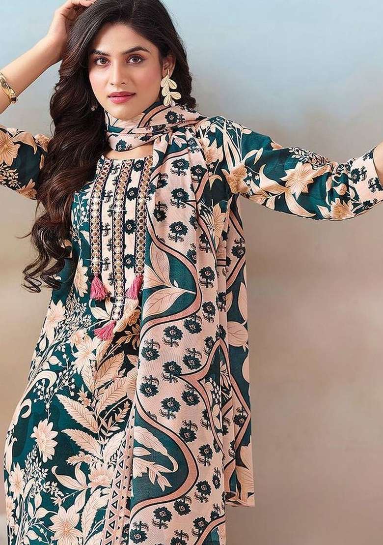 Green Printed Cotton Kurta Set - Indya
