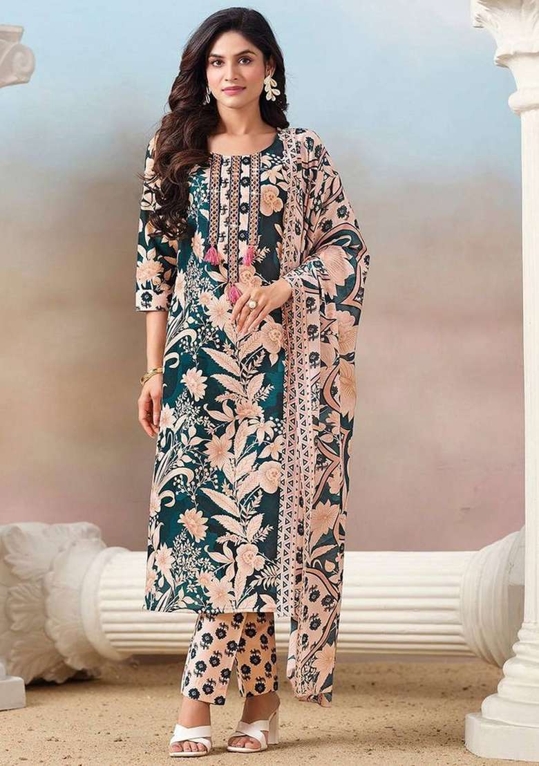 Green Printed Cotton Kurta Set - Indya