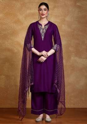 Purple Embroidery Silk Kurta Set