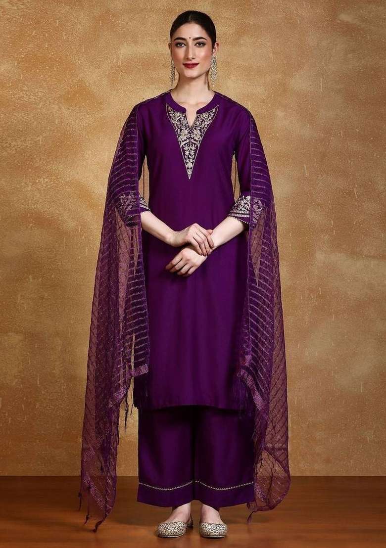 Purple Embroidery Silk Kurta Set - Indya