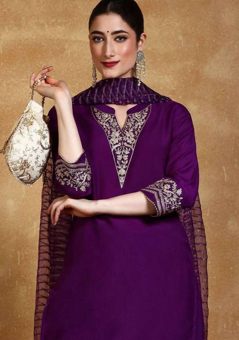 Purple Embroidery Silk Kurta Set - Indya
