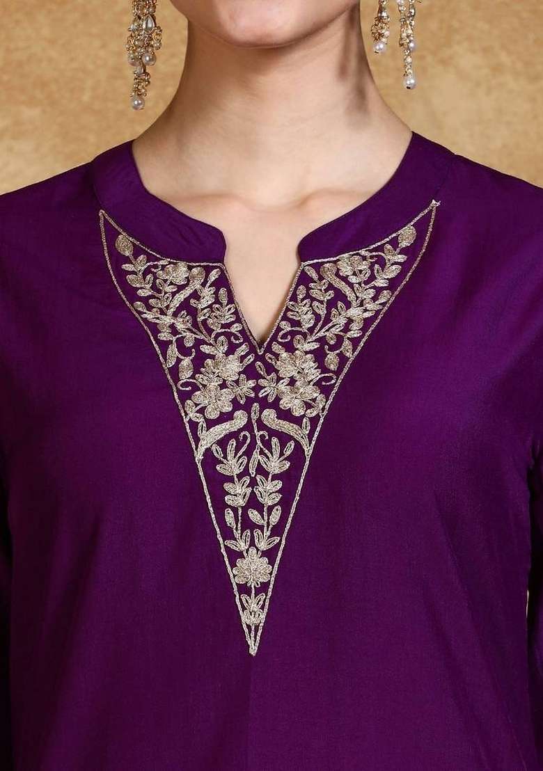 Purple Embroidery Silk Kurta Set - Indya