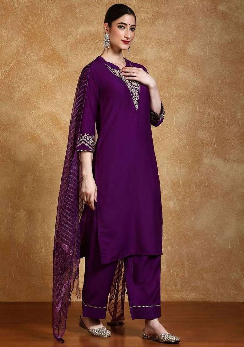 Purple Embroidery Silk Kurta Set - Indya