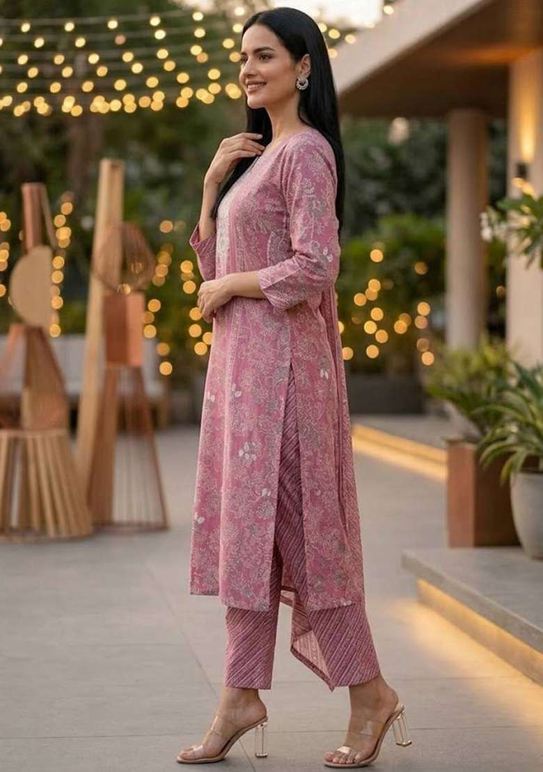 Purple Printed Cotton Kurta Set - Indya