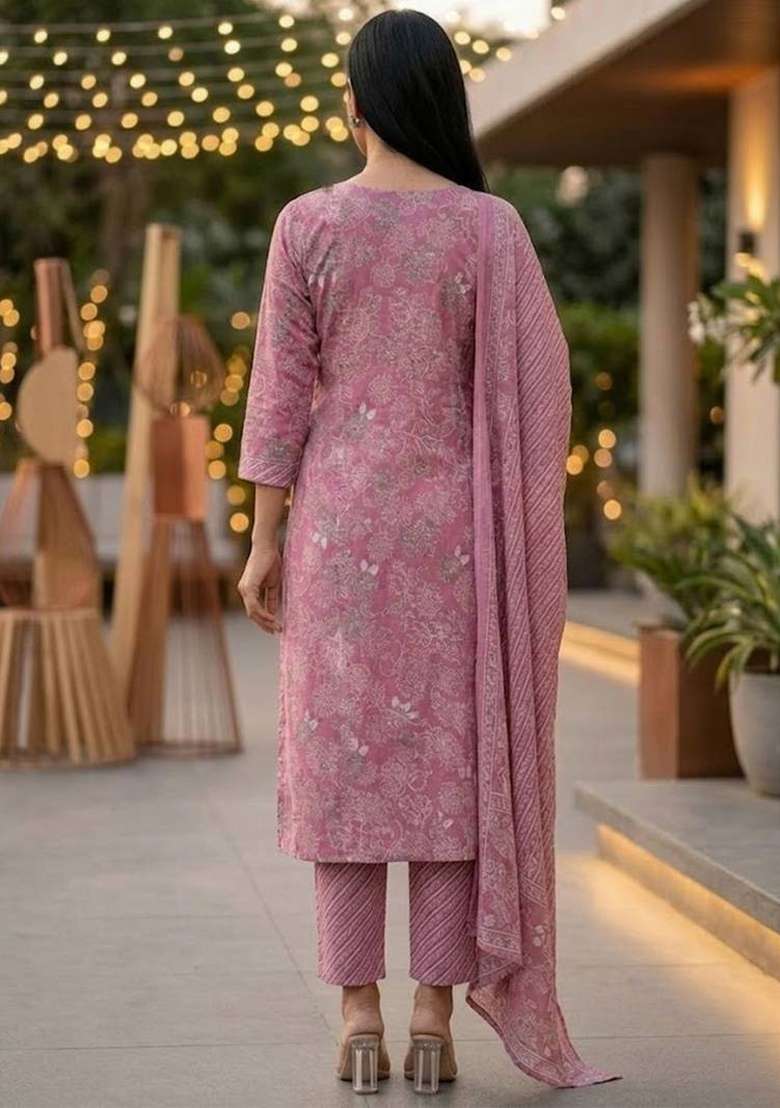 Purple Printed Cotton Kurta Set - Indya