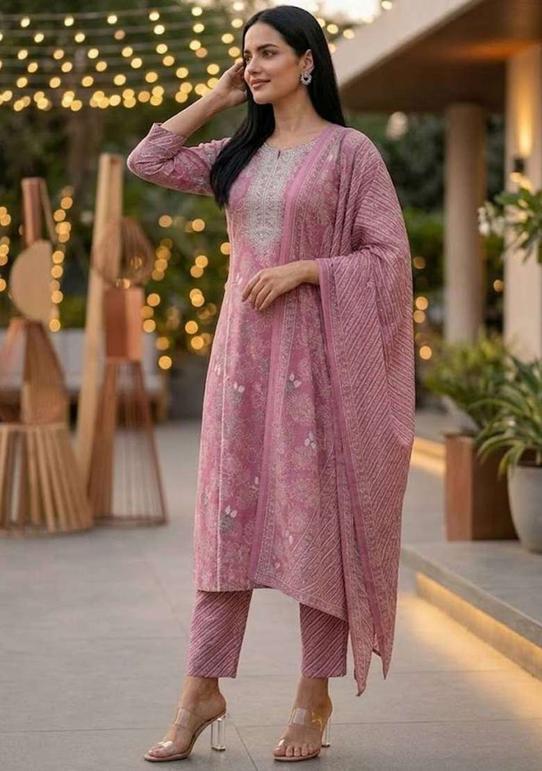 Purple Printed Cotton Kurta Set - Indya