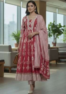 Magenta Printed Cotton Kurta Set