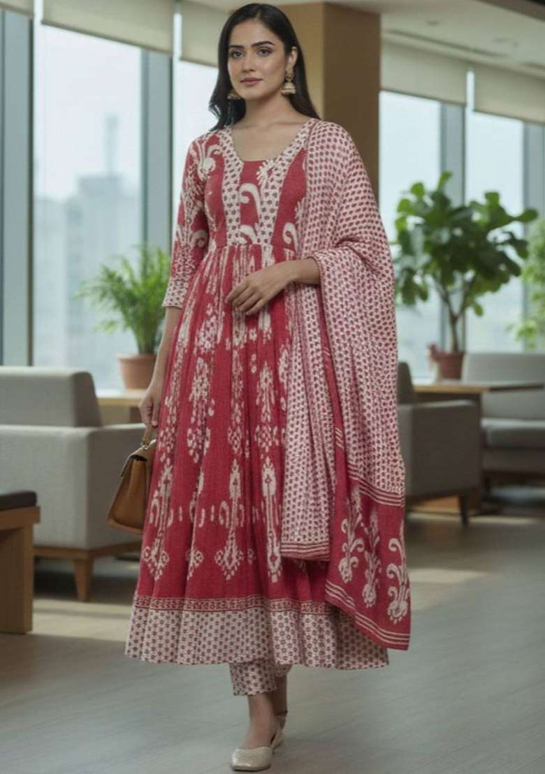 Magenta Printed Cotton Kurta Set - Indya