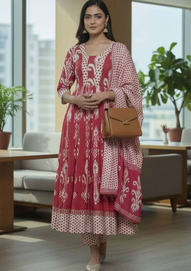 Magenta Printed Cotton Kurta Set - Indya