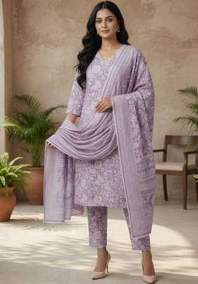 Lavender Printed Cotton Kurta Set