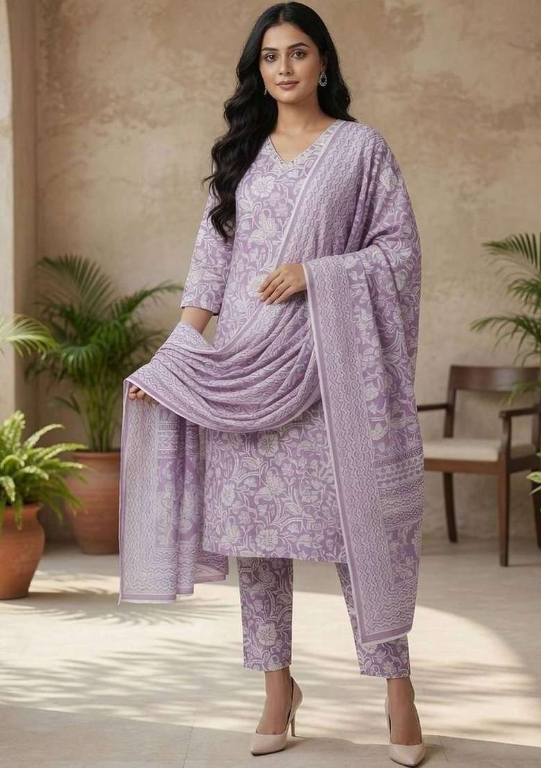 Lavender Printed Cotton Kurta Set - Indya