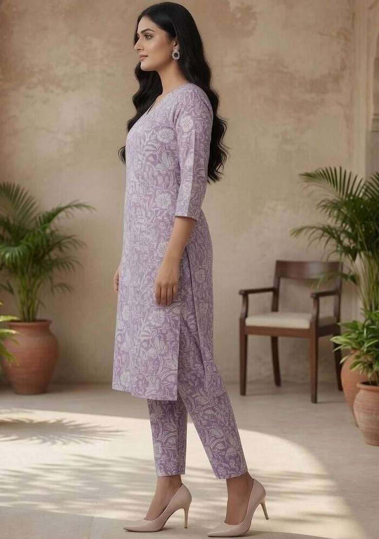 Lavender Printed Cotton Kurta Set - Indya