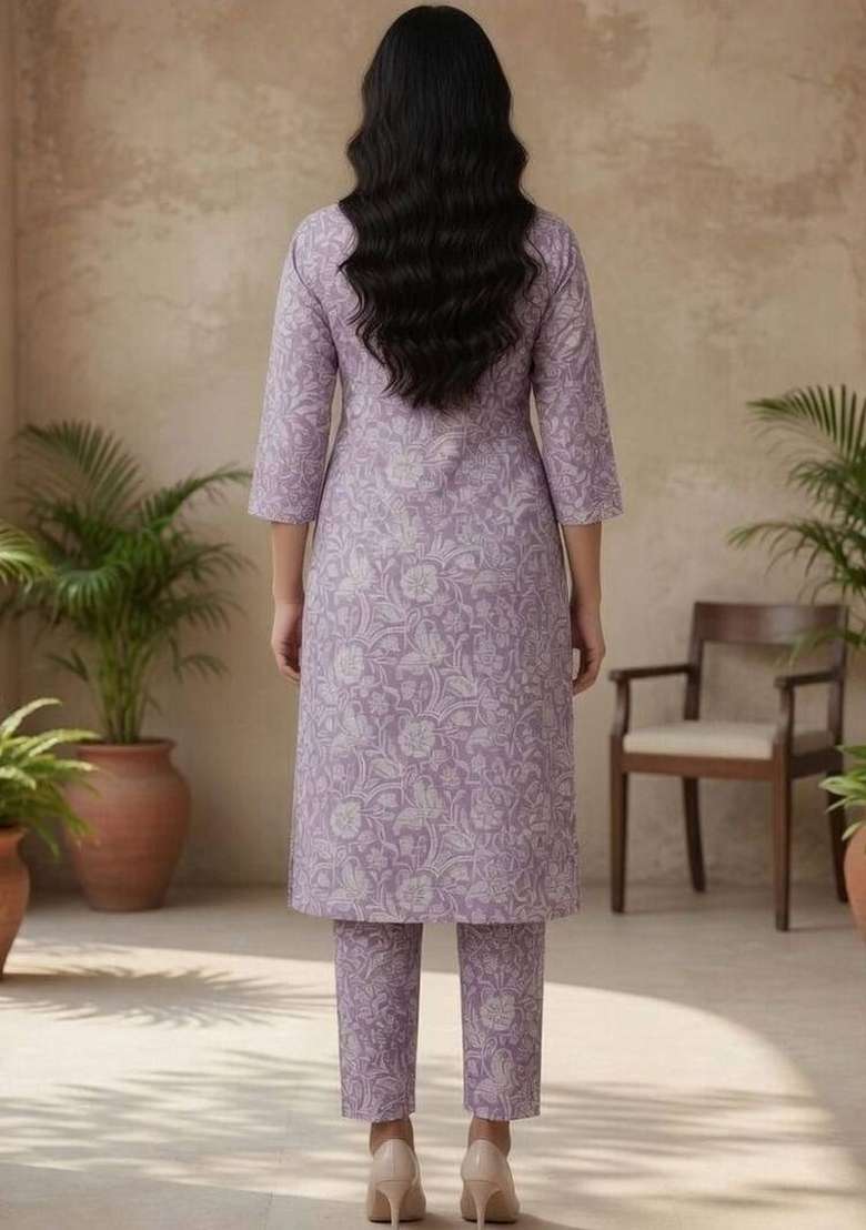 Lavender Printed Cotton Kurta Set - Indya