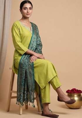 Lime Green Embroidery Cotton Kurta Set