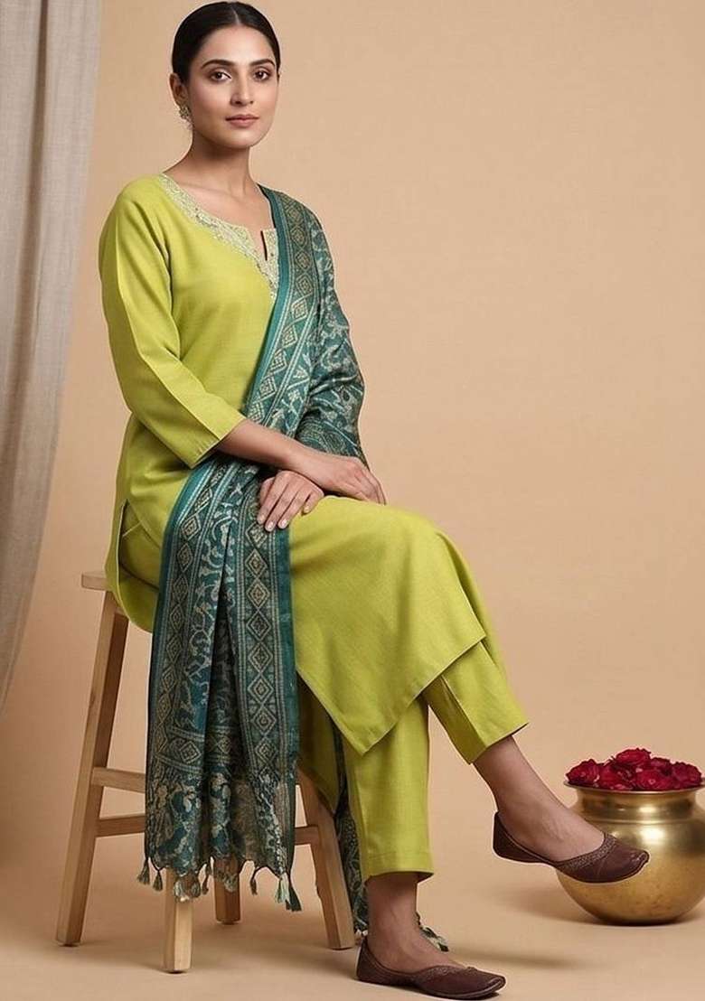 Lime Green Embroidery Cotton Kurta Set - Indya