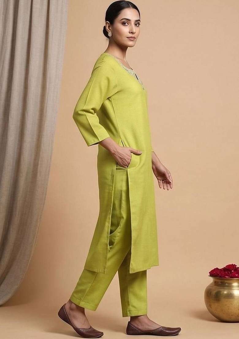 Lime Green Embroidery Cotton Kurta Set - Indya