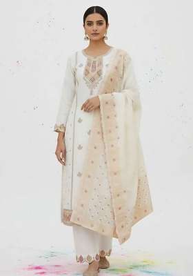 Off White Embroidery Silk Kurta Set