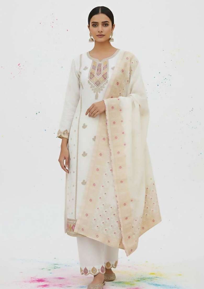 Off White Embroidery Silk Kurta Set - Indya