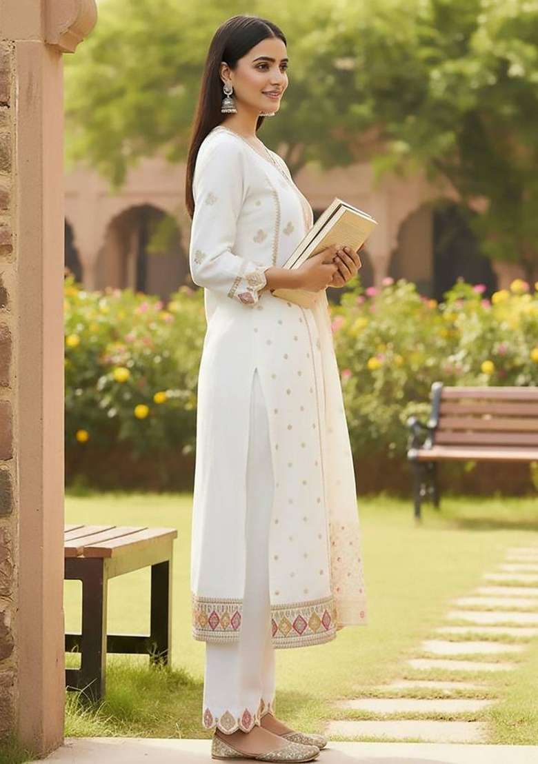 Off White Embroidery Silk Kurta Set - Indya