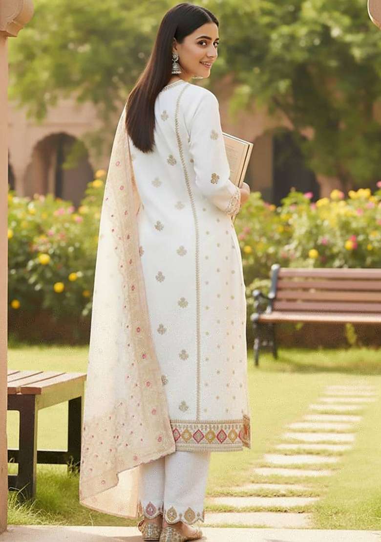 Off White Embroidery Silk Kurta Set - Indya