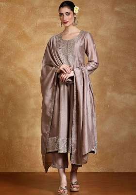 Taupe Embroidery Silk Kurta Set