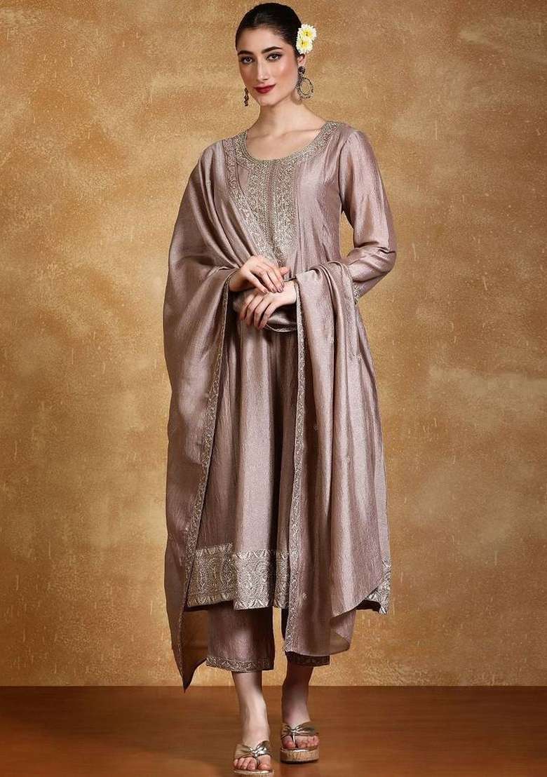 Taupe Embroidery Silk Kurta Set - Indya