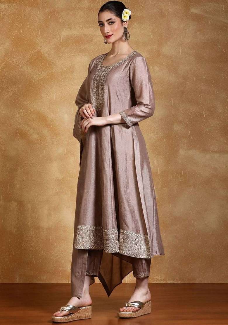 Taupe Embroidery Silk Kurta Set - Indya