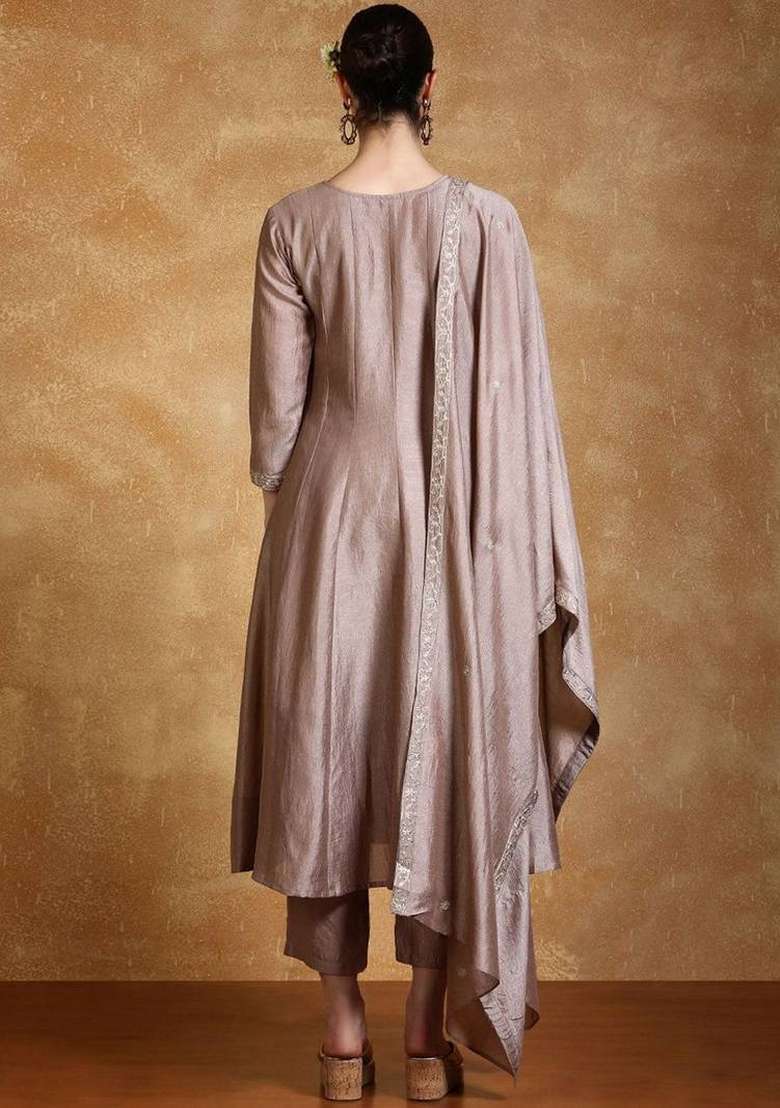 Taupe Embroidery Silk Kurta Set - Indya