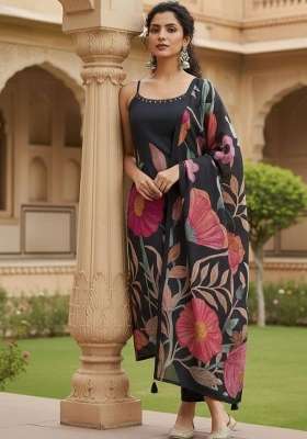 Black Printed Silk Kurta Set