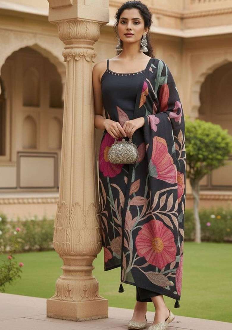 Black Printed Silk Kurta Set - Indya