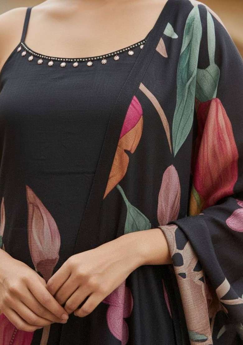 Black Printed Silk Kurta Set - Indya