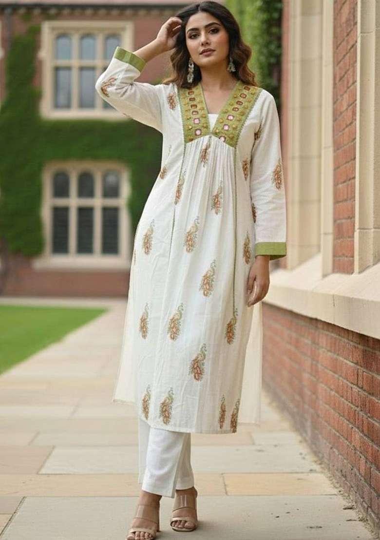 Off White Printed Cotton Kurta Set - Indya