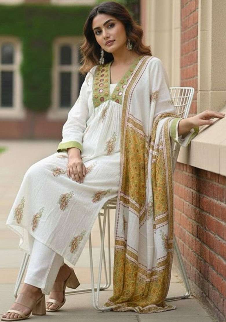 Off White Printed Cotton Kurta Set - Indya
