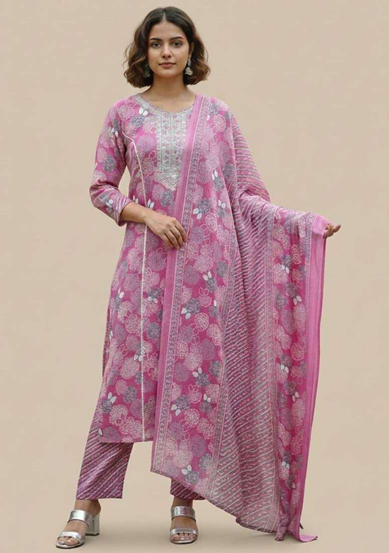 Pink Printed Cotton Kurta Set - Indya