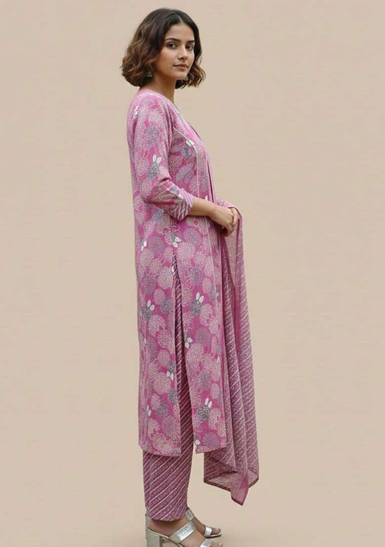 Pink Printed Cotton Kurta Set - Indya