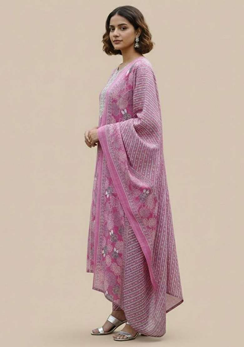 Pink Printed Cotton Kurta Set - Indya