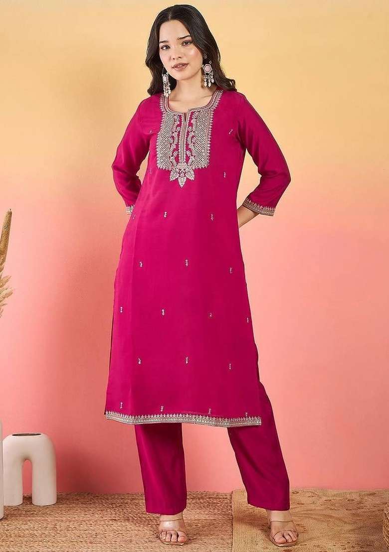 Magenta Embroidery Silk Kurta Set - Indya