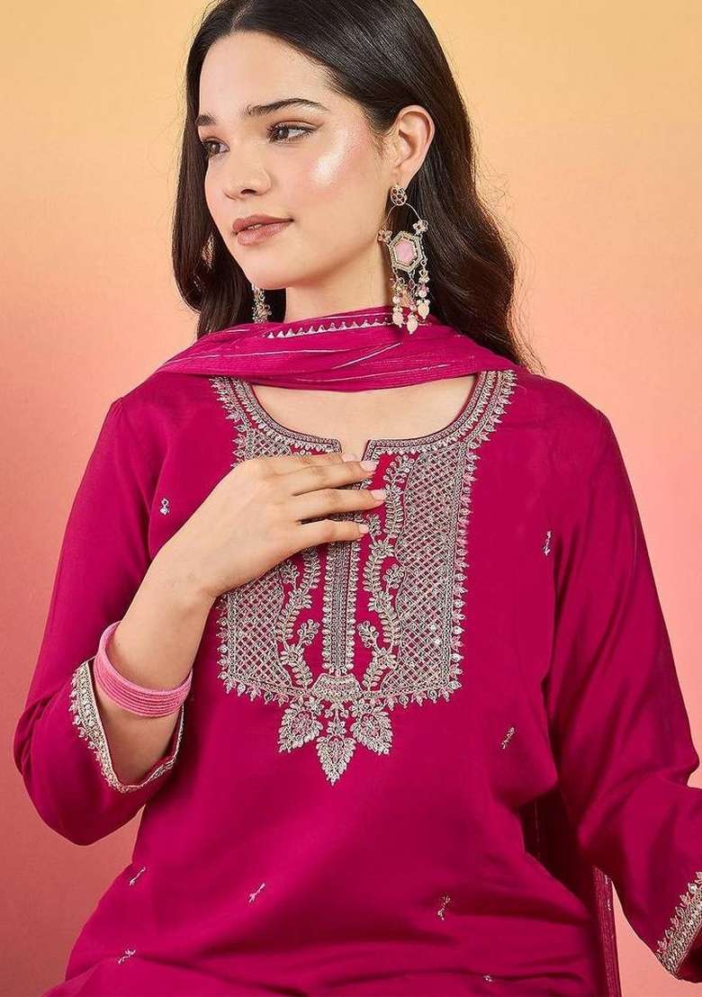 Magenta Embroidery Silk Kurta Set - Indya