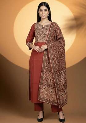 Red Embroidery Cotton Kurta Set