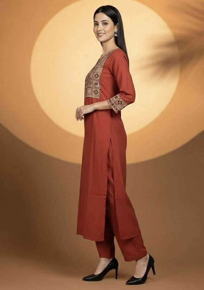 Red Embroidery Cotton Kurta Set - Indya