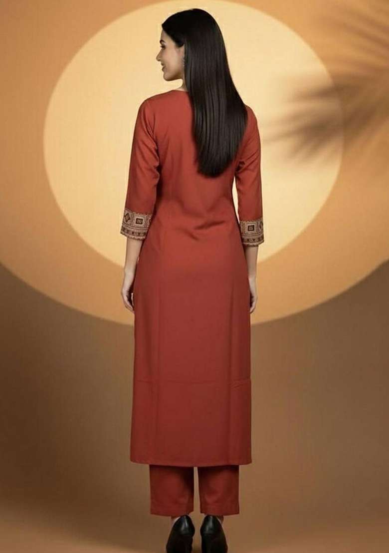 Red Embroidery Cotton Kurta Set - Indya