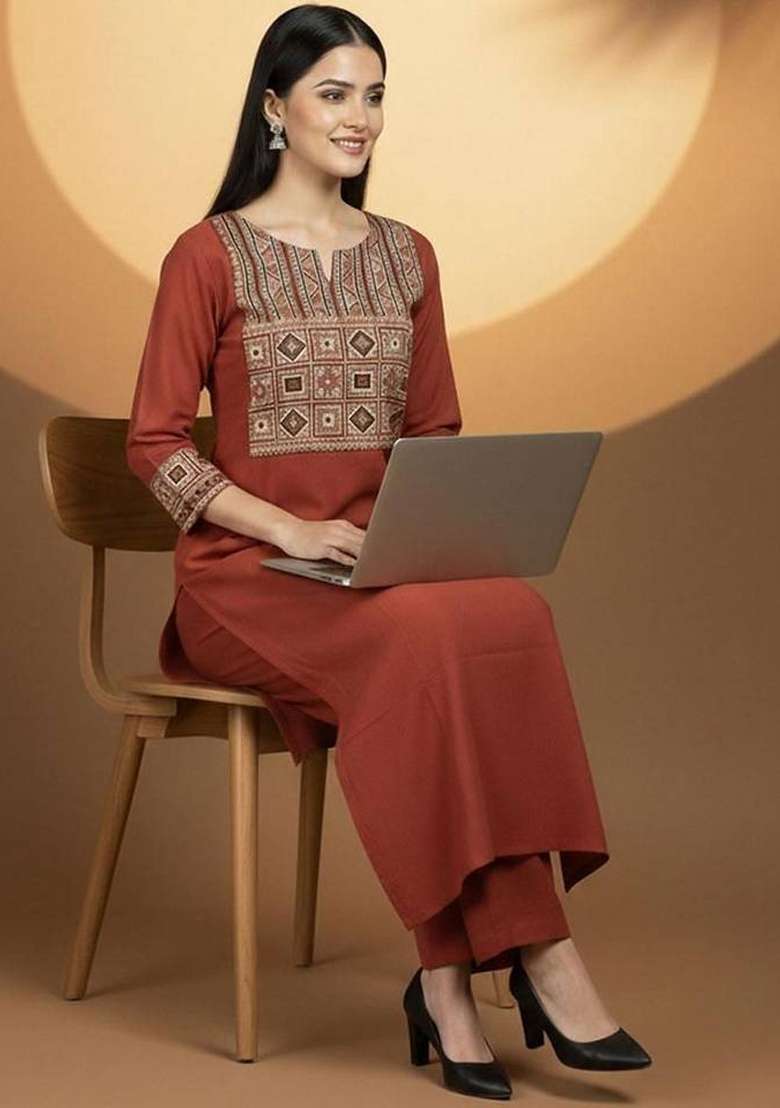 Red Embroidery Cotton Kurta Set - Indya