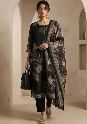 Black Printed Silk Kurta Set