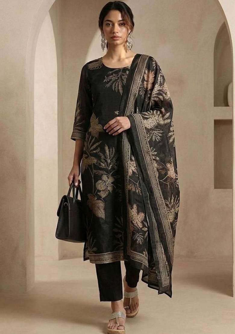 Black Printed Silk Kurta Set - Indya