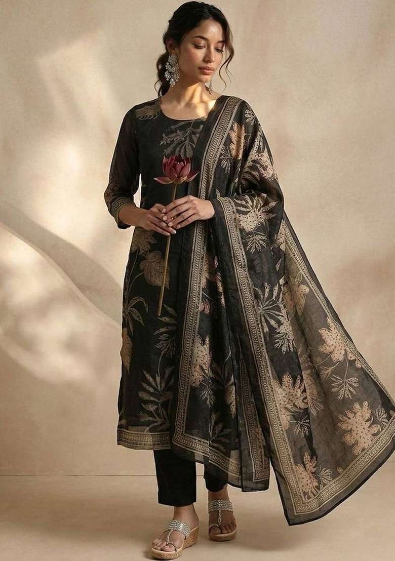 Black Printed Silk Kurta Set - Indya