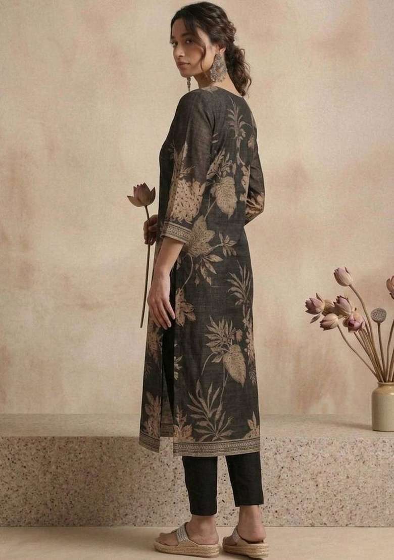 Black Printed Silk Kurta Set - Indya