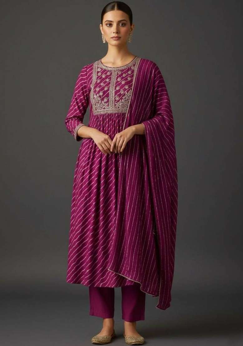 Magenta Printed Georgette Kurta Set - Indya