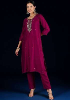 Purple Embroidery Silk Kurta Set
